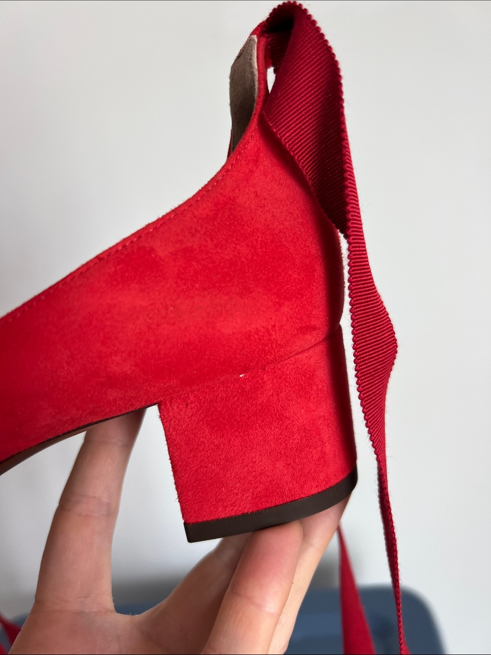 Tabitha Simmons red suede block low heels with ribbon wrap around ankle bows 38 - Picture 15 of 16